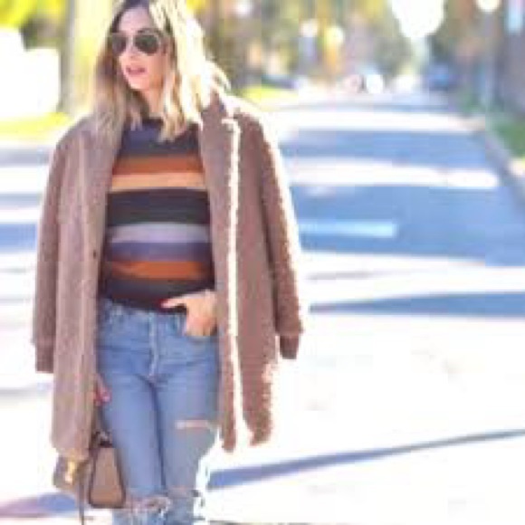 cupcakes & cashmere Jackets & Blazers - Cupcakes and cashmere Cozy Brown Teddy Coat with Striped Sweater
